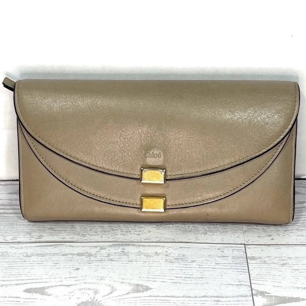 Chloe‎ Leather Wallet Clutch Taupe Gold Hardware Foldover Double Flap
